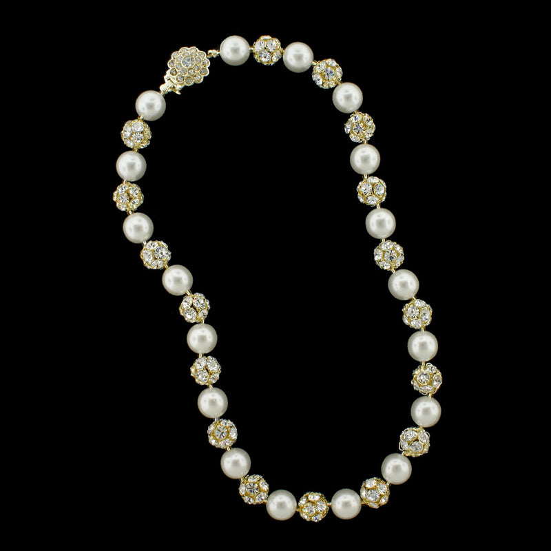 Snow pearl and gold rhinestone bead necklace
