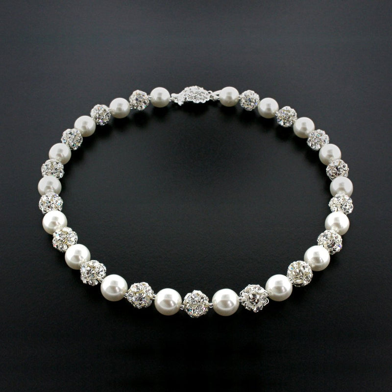 White pearl and silver rhinestone bead necklace