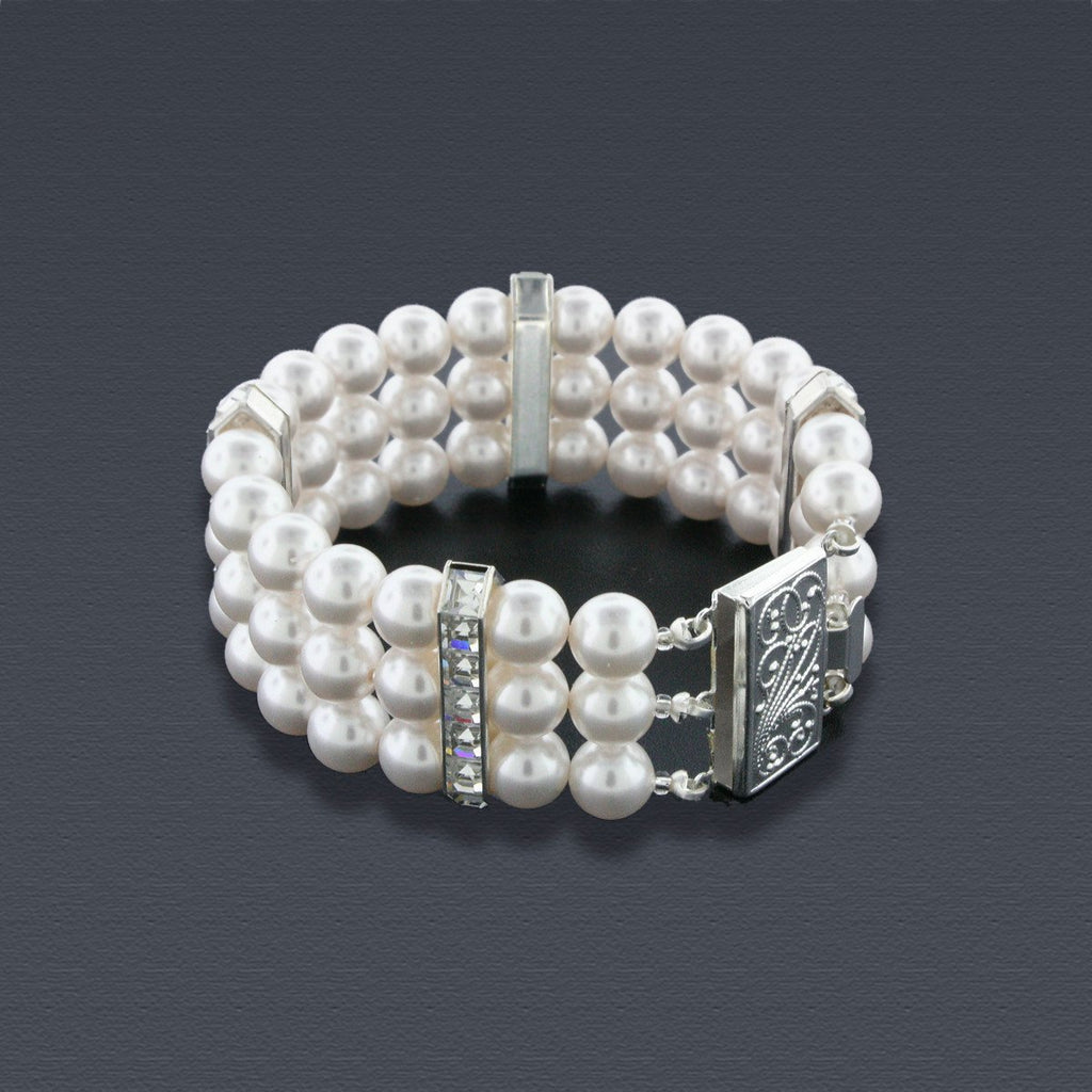3 Row Pearl Bracelet with Princess Cut Crystals