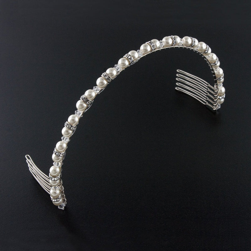 Beaded Pearl & Crystal Bridal Headband - stark white