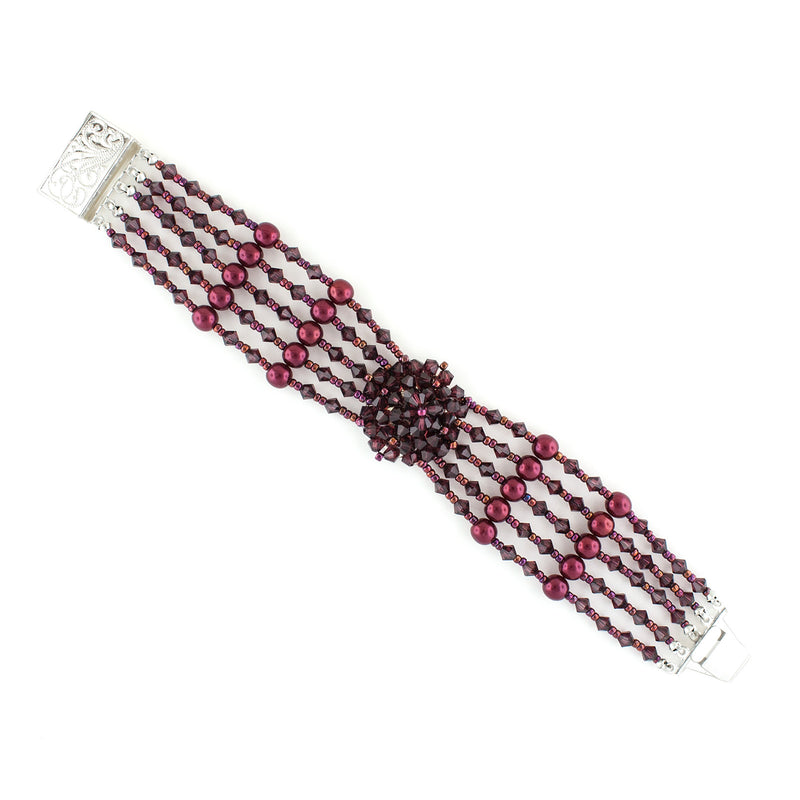 Multi-Row Beaded Bracelet with Cluster - Burgundy