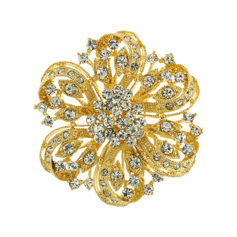 Round Floral Crystal Brooch, Gold
