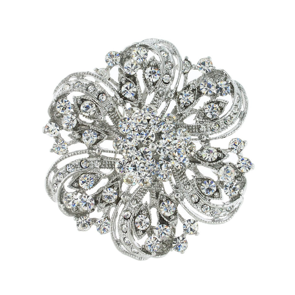 Round Floral Crystal Brooch, Silver