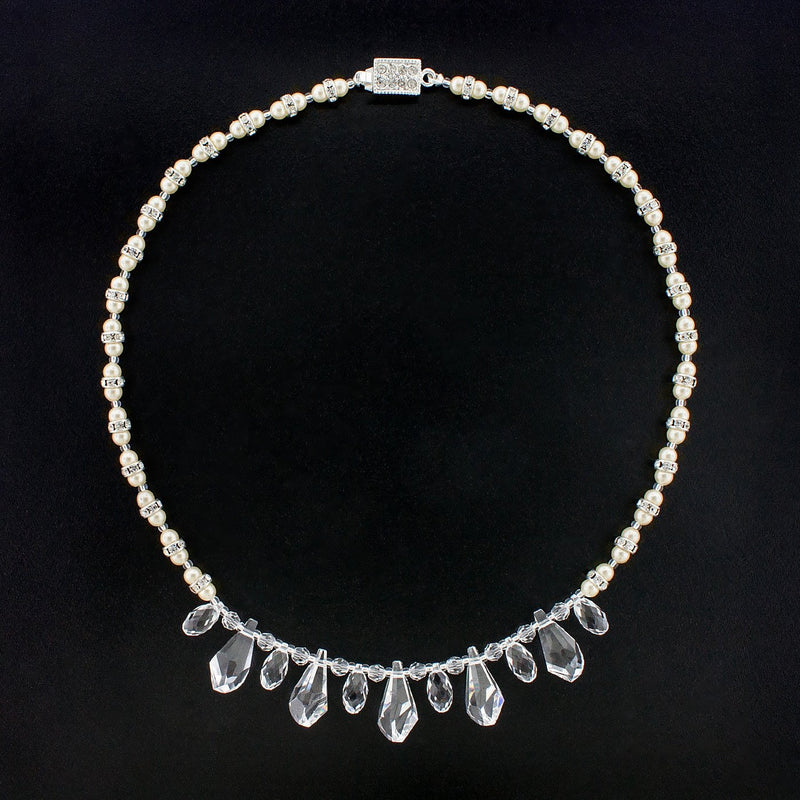 Multi-Drop Crystal Necklace with Pearls - clear/white